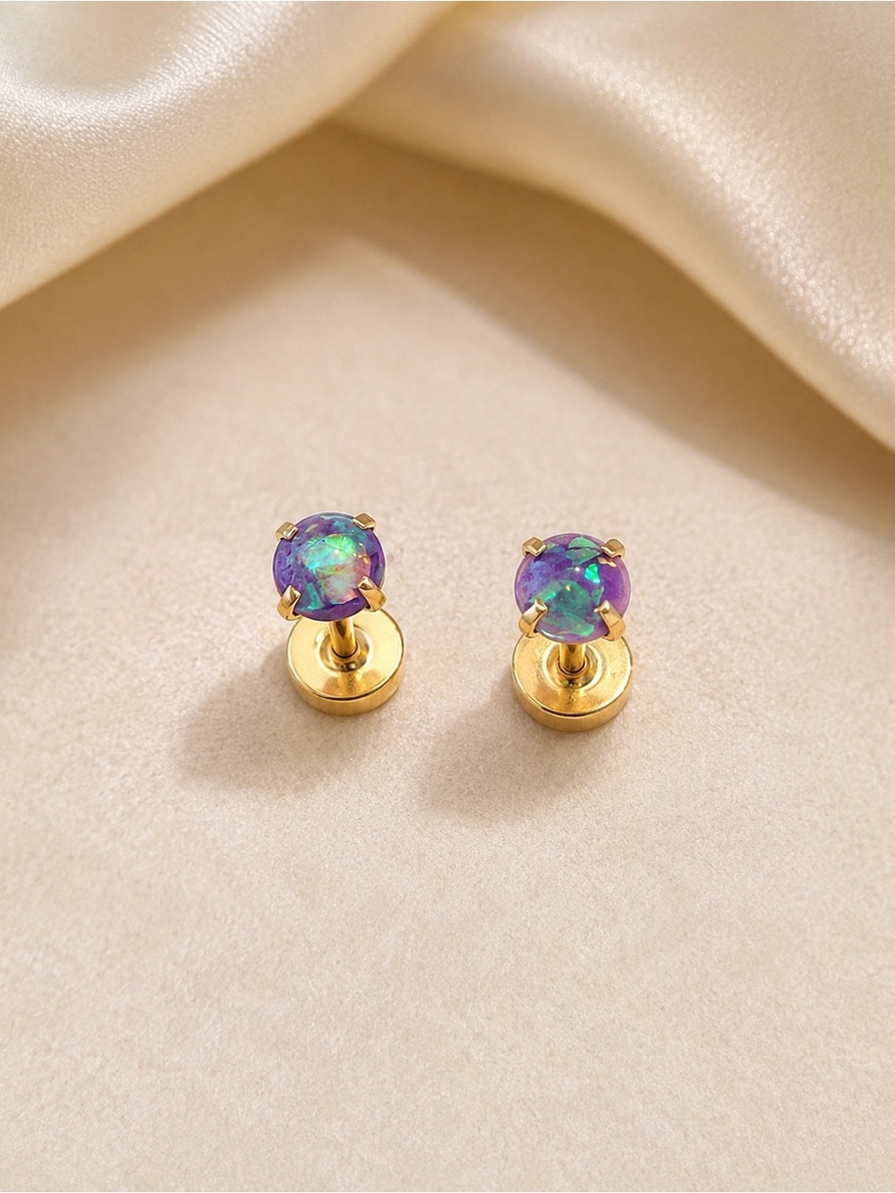 Gold-Plated Stud Earrings with Purple Opal Iridescent Stones